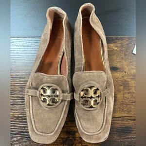 Tory Burch Tan Suede Loafers with Gold Logo